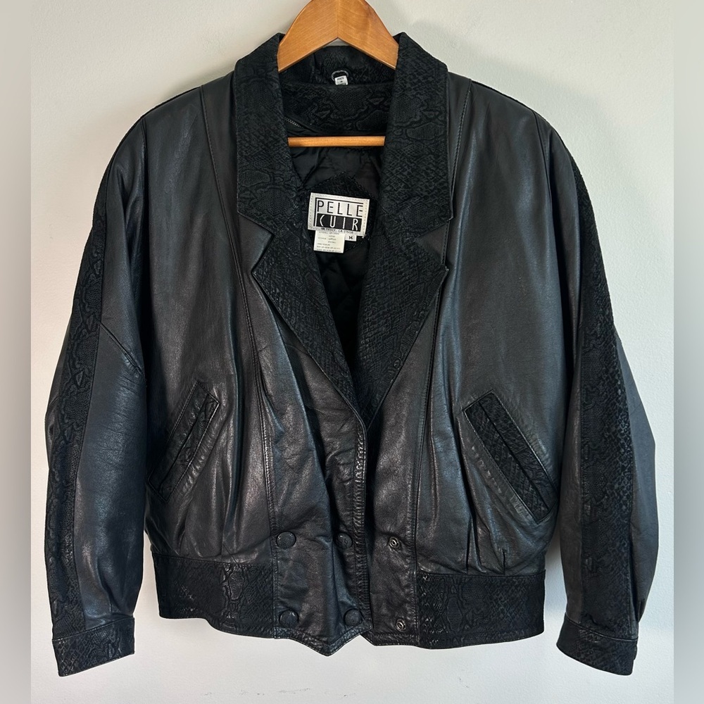 Pelle Cuir Women’s Leather Jacket M Snakeskin-textured Collar Cuffs EUC Vintage